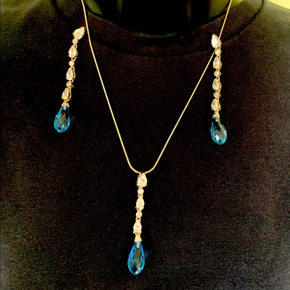 Sterling Silver jewelry set Necklace & long Dangle Earring blue gem stone zircon - Picture 6 of 9